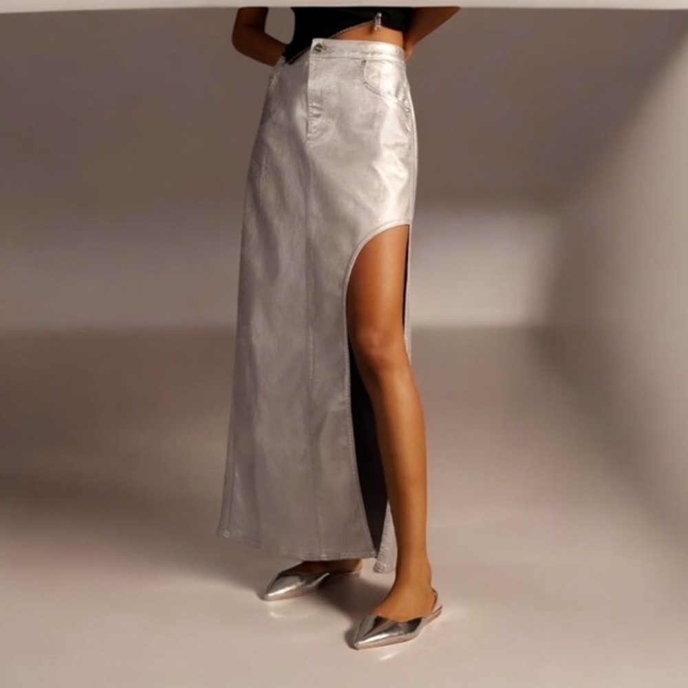 Anthropologie Pilcro Side-Slit Maxi Skirt metallic silver denim skirt. Size 2